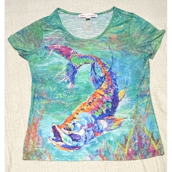 Leoma Lovegrove Tops - Leoma Lovegrove Shirt Womens Large Blue Red Fish Print Wearable Art